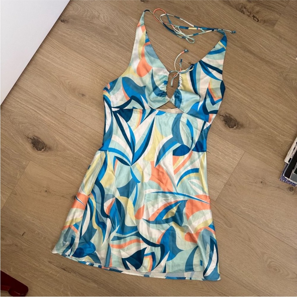 Retro Satin Abstract Print Blue & Orange Halter Mini Dress Cotton Candy Size M